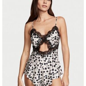 Victoria's Secret Black and White Cherry Print Satin Romper Chemise NWT